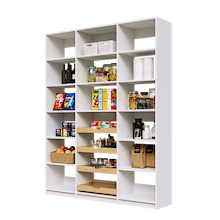 White 66 inch pantry shelving with four wood pull-out drawers and open shelving.