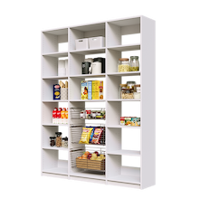 66 inch white pantry storage with three sliding wire baskets and open shelving.