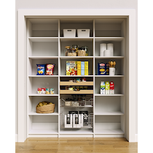 69 inch white pantry shelving with mixed storage including wood drawers and pull-out wire baskets for dry goods.