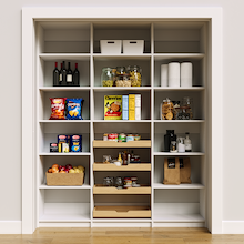 69 inch white pantry organization with open shelves for easy access to dry goods.