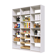 69 inch white pantry shelving featuring four sliding wood drawers.