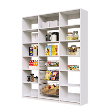 69 inch white kitchen pantry shelving featuring three sliding wire baskets.