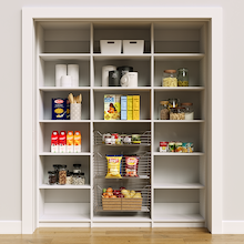 69 inch white pantry storage with open shelves for easy access to dry goods.