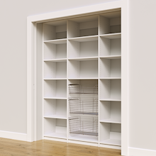 Wide view of white 69 inch pantry shelving for modern kitchen storage.