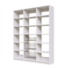 Three sliding wire baskets installed in 69 inch white kitchen pantry shelving.