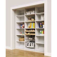 Large 72 inch white pantry shelving with two wood pull-out drawers and two pull-out wire baskets.