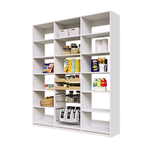 72 inch white pantry wall with two wood pull-out drawers and two pull-out wire baskets.