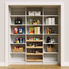 White 72 inch pantry food shelves for spices, oils, and dry goods.