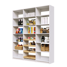 72 inch white pantry wall with four sliding wood pull-out drawers.