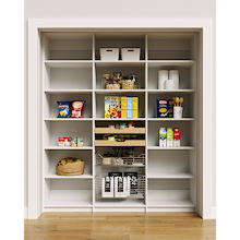 White 72 inch pantry food shelves with mixed storage including wood drawers and pull-out wire baskets.