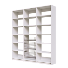 Three chrome wire pull-out baskets in a 75 inch white reach in pantry.