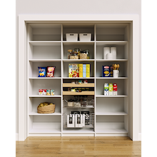 75 inch white kitchen food storage shelves featuring two wood drawers and two pull-out wire baskets.