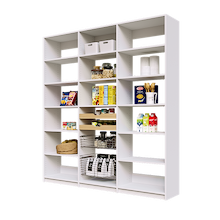 White 75 inch pantry shelving with two wood drawers, two pull-out wire baskets, and adjustable shelves.