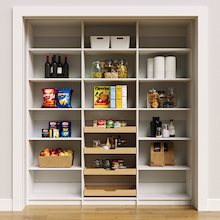 75 inch white kitchen food storage shelves for organizing bulk jars.
