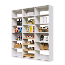 White 75 inch pantry shelving with four wood drawers and adjustable shelves.