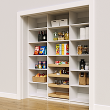 White 75 inch pantry rack with four wood drawers for easy food access.
