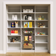 75 inch white kitchen storage shelves for organizing bulk food and jars.