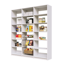White 75 inch pantry storage with three wire baskets and adjustable shelves.