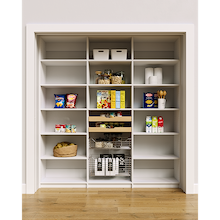 White 78 inch pantry food storage with adjustable shelves, two wood drawers, and two pull-out wire baskets.