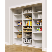 78 inch reach in pantry racks in white with two wood drawers and two pull-out wire baskets.