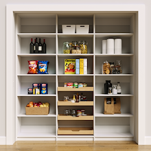 White 78 inch pantry food storage with adjustable shelves and four wood pull-out drawers.