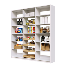 78 inch white pantry shelving with four wood drawers for large spaces.