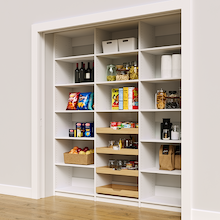 Reach in pantry shelves in white with 78 inch width for grocery organization.