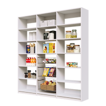78 inch white pantry shelving with three wire baskets for large reach in spaces.