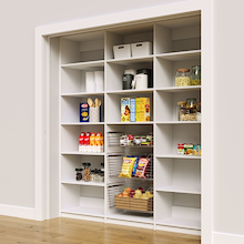 Reach in pantry storage in white with 78 inch width for grocery organization.