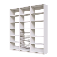 Three sliding storage baskets featured in 78 inch white kitchen pantry shelving.