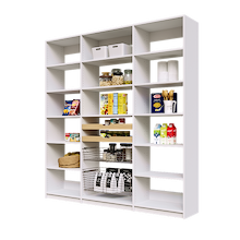 Large 81 inch white pantry shelving with two wood pull-out drawers and two pull-out wire baskets.