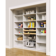Vertical pantry racks in white with an 81 inch width, two wood drawers, and two pull-out wire baskets.