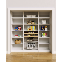 81 inch white vertical pantry shelving with layered wood drawers and pull-out wire baskets.