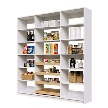 Large 81 inch white pantry shelving with four sliding wood drawers.