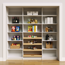 81 inch white vertical pantry shelving with adjustable heights for appliances.