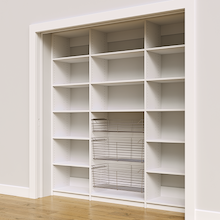 81 inch white kitchen pantry storage layout with sliding wire baskets.