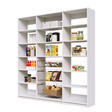 Large 81 inch white kitchen pantry shelving with three sliding wire storage baskets.