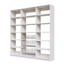 Three pull-out wire baskets in 81 inch white pantry storage for dry goods.