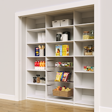 81 inch vertical pantry racks in white with  three wire baskets.