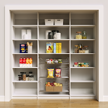 81 inch white vertical pantry shelving with adjustable heights for appliances.