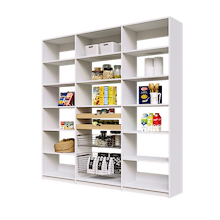 84 inch white pantry shelving with two wood drawers and two pull-out wire baskets for full wall organization.