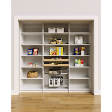 White 84 inch pantry shelf layout emphasizing the double wood drawers and pull-out wire baskets.