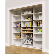 Sturdy 84 inch white reach in pantry shelves with two wood pull-out drawers and two pull-out wire baskets.