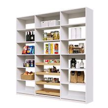84 inch white pantry shelving with four wood drawers for wall organization.