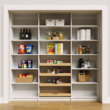 White 84 inch pantry shelf for organizing dry goods and large pots.