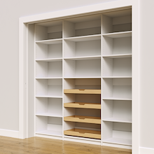 84 inch white pantry shelving with wood pull-out drawers.