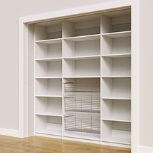 Wide profile view of 84 inch white kitchen pantry shelving.