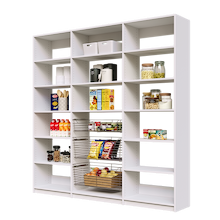 84 inch white pantry storage with three wire baskets for full wall kitchen organization.