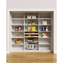 White 87 inch adjustable pantry shelving featuring mixed wood drawer and pull-out wire basket storage.