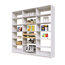 White 87 inch pantry organization layout featuring two wood pull-out drawers and two pull-out wire baskets.